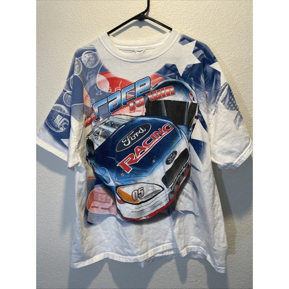 Vintage Ford Racing We Race To Win All Over Print NASCAR T Shirt USA Made XXL